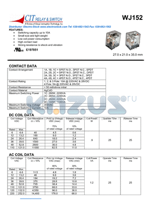 WJ1522AF24VDC datasheet - Switching capacity up to 10A