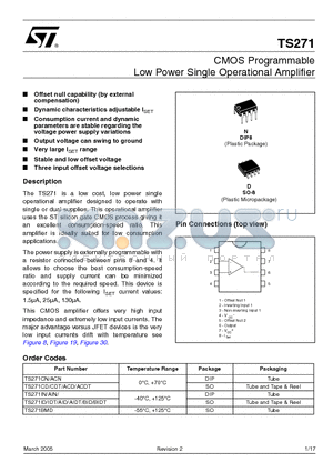 TS271IN/ datasheet - CMOS Programmable Low Power Single Operational Amplifier