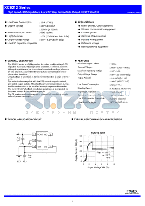 XC6212A302MR datasheet - High Speed LDO Regulators, Low ESR Cap. Compatible, Output ON/OFF Control