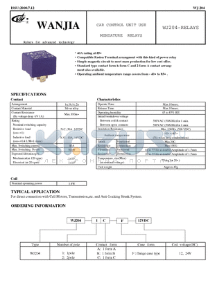 WJ204 datasheet - CAR CONTROL UNIT USE MINIATURE RELAYS