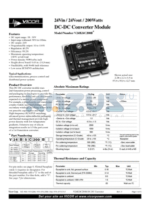 V24A24H200B datasheet - 24Vin / 24Vout / 200Watts DC-DC Converter Module