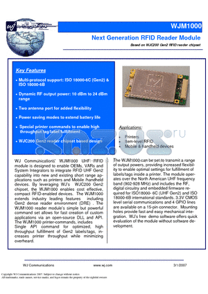 WJM1000 datasheet - Based on WJC200 Gen2 RFID reader chipset