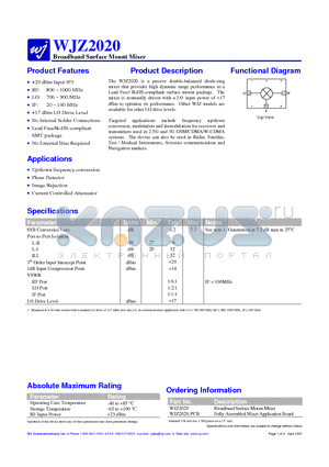 WJZ2020 datasheet - Broadband Surface Mount Mixer