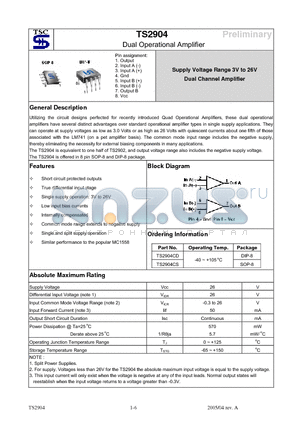 TS2904CD datasheet - Dual Operational Amplifier