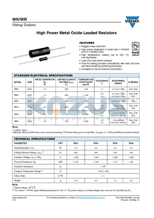 WK2 datasheet - High Power Metal Oxide Leaded Resistors