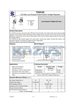TS29150 datasheet - 1.5A Ultra Low Dropout Fixed Positive Voltage Regulator