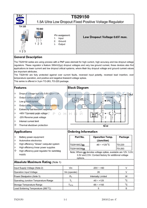 TS29150 datasheet - 1.5A Ultra Low Dropout Fixed Positive Voltage Regulator