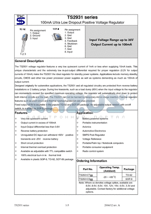 TS2931CS33 datasheet - 100mA Ultra Low Dropout Positive Voltage Regulator