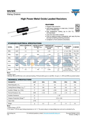 WK80922001000J5C00 datasheet - High Power Metal Oxide Leaded Resistors