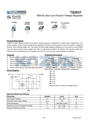 TS2937CP datasheet - 500mA Ultra Low Dropout Voltage Regulator