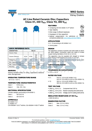 WKO datasheet - AC Line Rated Ceramic Disc Capacitors Class X1, 440 VAC, Class Y2, 300 VAC