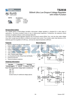 TS2938CSRL datasheet - 500mA Ultra Low Dropout Voltage Regulator with Inhibit Function