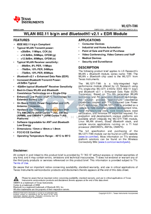 WL1271-TIWI datasheet - WLAN 802.11 b/g/n and Bluetooth^ v2.1  EDR Module