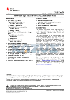 WL1271-TYPETN datasheet - WLAN 802.11 b/g/n and Bluetooth^ v4.0 BLE Module from Murata