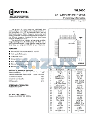 WL600C datasheet - 2.4 - 2.5GHz RF and IF Circuit