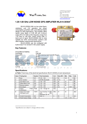 WLA14-3030A datasheet - 1.20-1.60 GHz LOW NOISE GPS AMPLIFIER