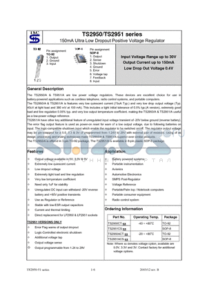 TS2950ACT-3.0 datasheet - 150mA Ultra Low Dropout Positive Voltage Regulator