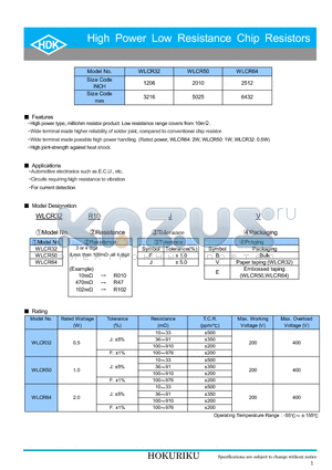 WLCR32-R10FB datasheet - High Power Low Resistance Chip Resistors