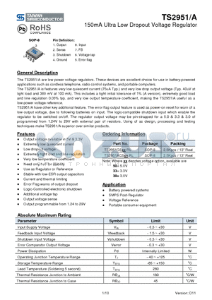 TS2951CSRL datasheet - 150mA Ultra Low Dropout Voltage Regulator