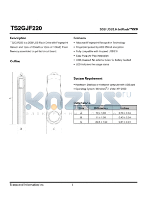 TS2GJF220 datasheet - 2GB USB2.0 JetFlash220