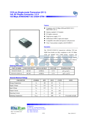 TS3-0155-32S-P1-E datasheet - 1310 nm Single-mode Transceiver (S1.1) 1x9, SC Duplex Connector, 3.3 V