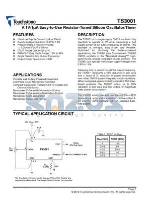 TS3001 datasheet - A 1V/1uA Easy-to-Use Resistor-Tuned Silicon Oscillator/Timer