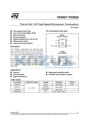 TS3021 datasheet - Rail-to-Rail 1.8V High-Speed Micropower Comparators