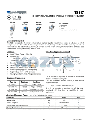 TS317CZC0 datasheet - 3-Terminal Adjustable Positive Voltage Regulator