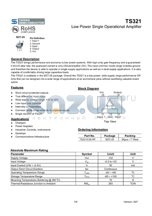 TS321CX5RF datasheet - Low Power Single Operational Amplifier