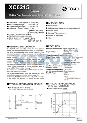 XC6215B datasheet - 0.8uA Low Power Consumption Voltage Regulator with ON/OFF Switch
