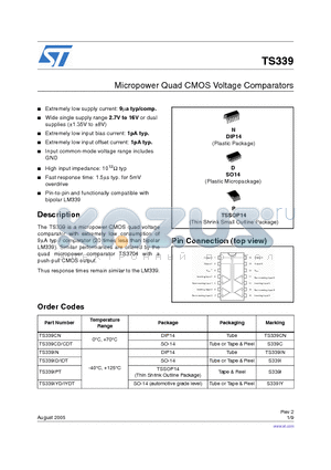 TS339 datasheet - Micropower Quad CMOS Voltage Comparators