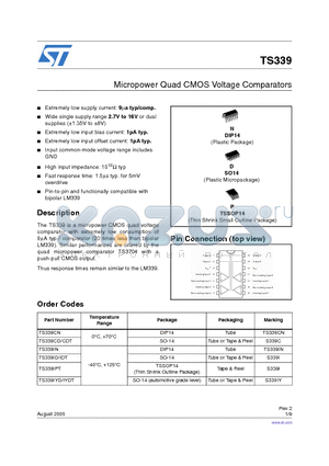 TS339IN datasheet - Micropower Quad CMOS Voltage Comparators