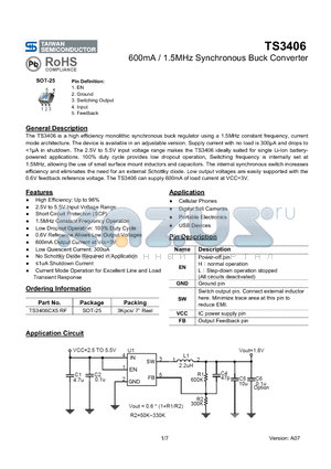 TS3406 datasheet - 600mA / 1.5MHz Synchronous Buck Converter