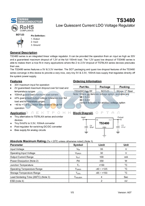 TS3480 datasheet - Low Quiescent Current LDO Voltage Regulator