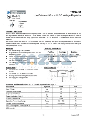 TS3480CX33 datasheet - Low Quiescent Current LDO Voltage Regulator