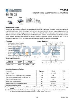 TS358CDC3 datasheet - Single Supply Dual Operational Amplifiers