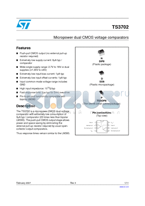 TS3702MPT datasheet - MICROPOWER DUAL CMOS VOLTAGE COMPARATORS