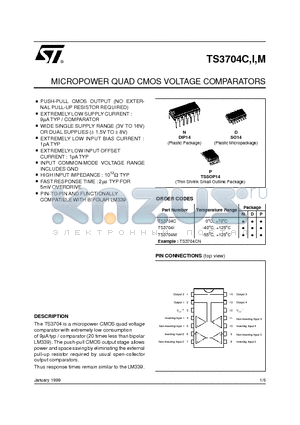 TS3704 datasheet - MICROPOWER QUAD CMOS VOLTAGE COMPARATORS