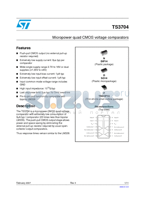 TS3704CD datasheet - MICROPOWER QUAD CMOS VOLTAGE COMPARATORS