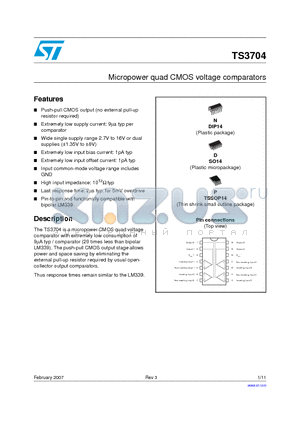 TS3704IN datasheet - MICROPOWER QUAD CMOS VOLTAGE COMPARATORS
