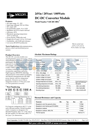 V24A5T100A datasheet - 24Vin / 28Vout / 100Watts DC-DC Converter Module