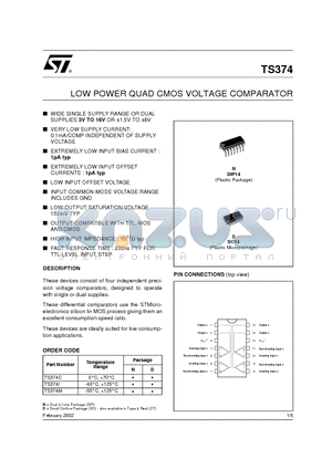 TS374 datasheet - LOW POWER QUAD CMOS VOLTAGE COMPARATOR