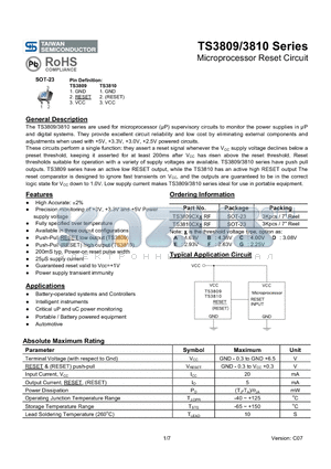 TS3809 datasheet - Microprocessor Reset Circuit