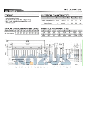 WM-C1602Q datasheet - 16x2 CHARACTERS