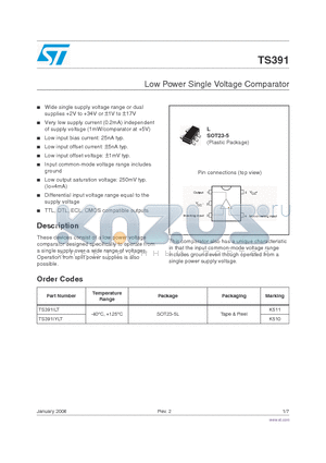TS391 datasheet - Low Power Single Voltage Comparator