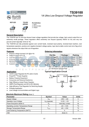 TS39100CPRO datasheet - 1A Ultra Low Dropout Voltage Regulator