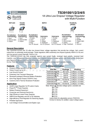 TS39100CW datasheet - 1A Ultra Low Dropout Voltage Regulator with Multi-Function