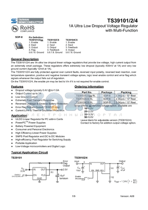 TS39101 datasheet - 1A Ultra Low Dropout Voltage Regulator with Multi-Function