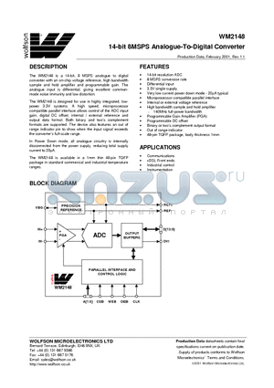 WM2148IFT/V datasheet - 14-bit 8MSPS Analogue-To-Digital Converter