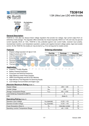 TS39154 datasheet - 1.5A Ultra Low LDO with Enable
